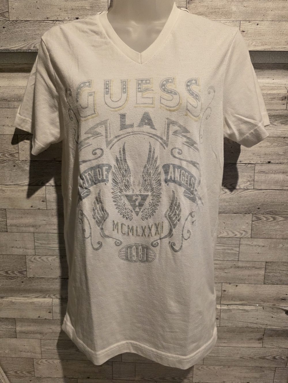 GUESS White V-Neck Graphic Logo Tee with Faded Blue and Yellow Accents